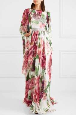Dolce & Gabbana Tropical Rose Print Silk Chiffon Tie-Neck Maxi Dress